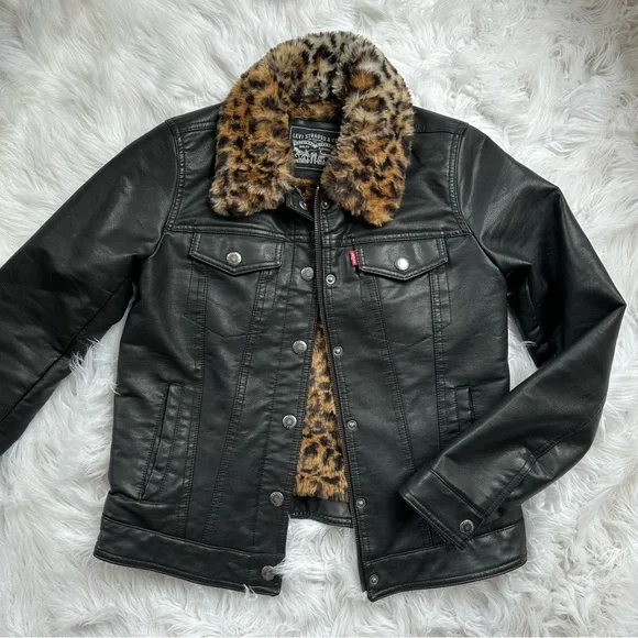 [ Levi’s ] Women’s Leopard Print Fur Lined Leather Jacket - Picture 13 of 16